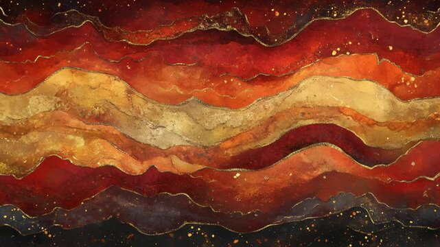 Abstract fiery landscape,  red gold waves, luxury art print,  watercolor texture,  elegant design, fiery sunset,  golden hour,  modern art,  artistic painting