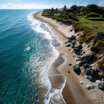 Birda??s-eye view of quiet beach with rolling shoreline