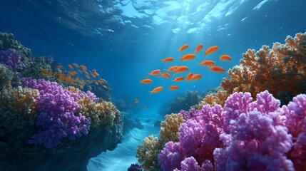 Naklejka premium Underwater View of a Vibrant Coral Reef with Colorful Marine Life and Sunlight Filtering Through Water