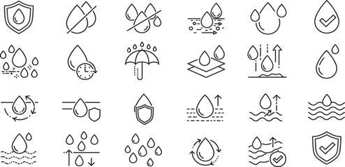 Fototapeta premium Waterproof and repellent surface editable stroke outline icons set isolated on white background flat vector illustration