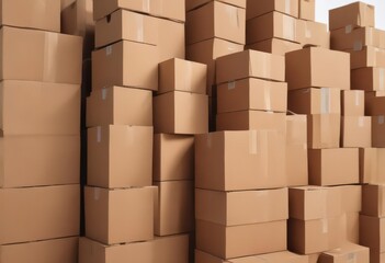 Neat stack of brown cardboard boxes on pure white background , organized, waste