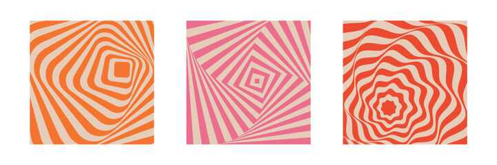 Fototapeta premium Set of retro psychedelic optical illusion posters with abstract wavy lines in orange and pink, dynamic geometric backgrounds perfect for vintage-inspired wall art or print design
