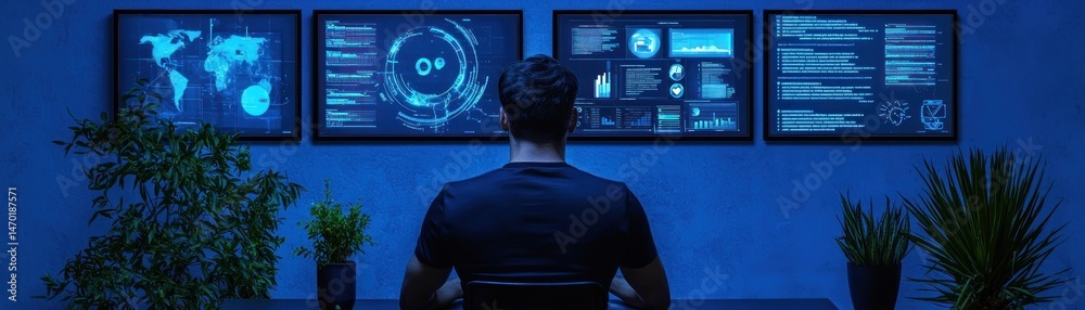 Poster A person analyses data displayed on computer monitors in a room