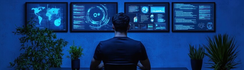 A person analyses data displayed on computer monitors in a room