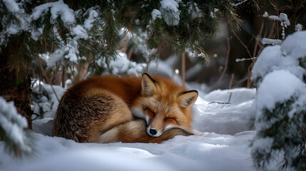 Red fox curled up sleeping in a snowy forest glade