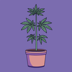 Potted Cannabis Plant Illustration Against Purple Background In Cartoon Style
