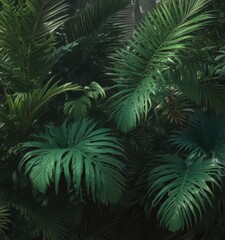 Deep emerald palm leaves, rich shadows, exotic tropical setting ,  plant,  lush