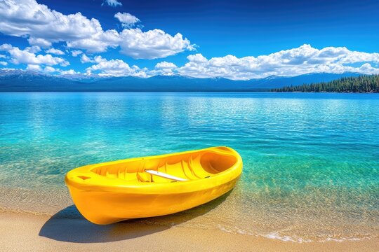 Sunny yellow kayak on a tranquil lake shore.  Crystal clear water, sandy beach,  mountain backdrop, bright blue sky with puffy white clouds