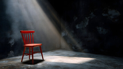 Red wooden chair placed in a dark concrete room with harsh lighting