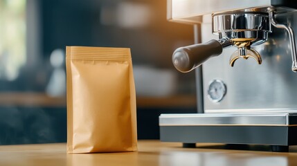 Brown Paper Coffee Bag Near Espresso Machine on Wooden Counter