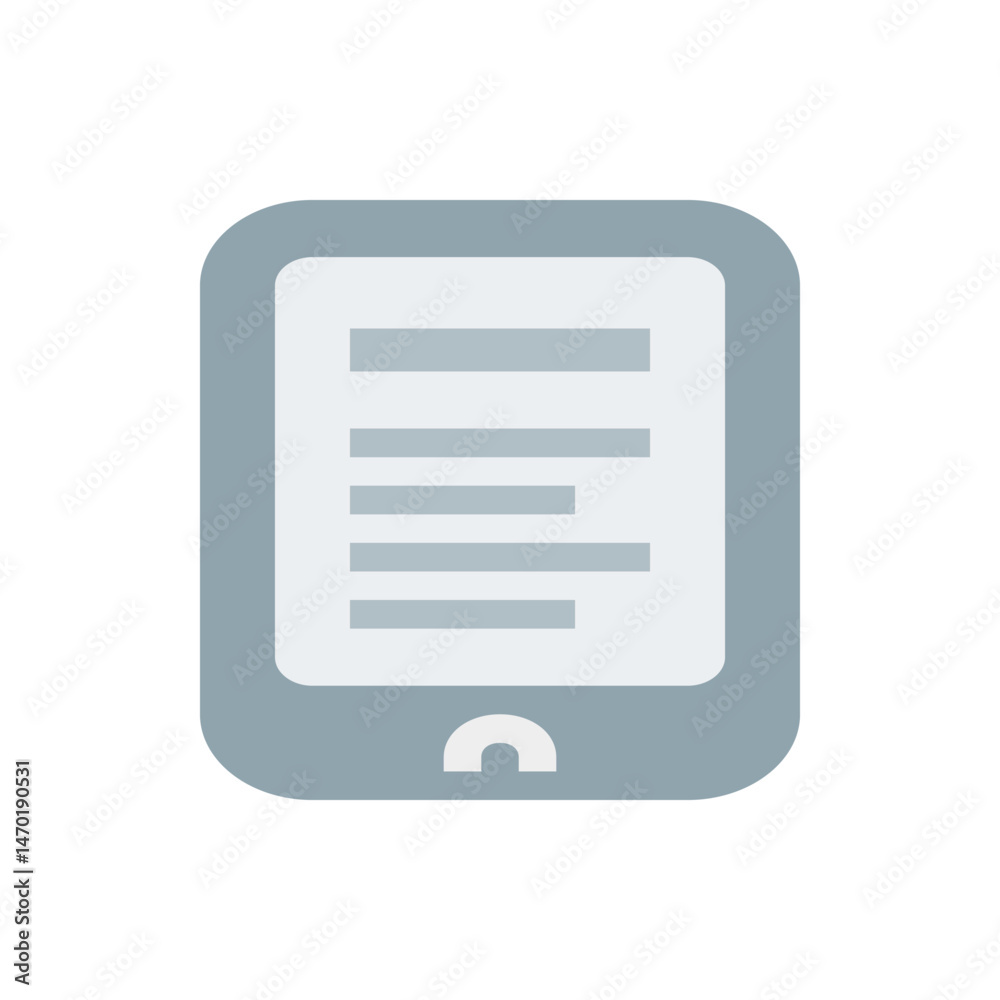 Poster illustration of a gray tablet device with a white screen displaying horizontal text and a button bel