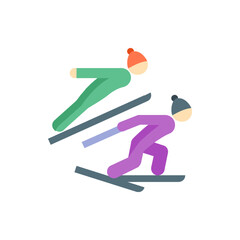 Illustration of two stylized skiers in motion with colorful outfits and hats on a white background scene