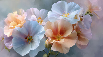 Fototapeta premium delicate flowers in soft hues of pale blue, peach, and light pink
