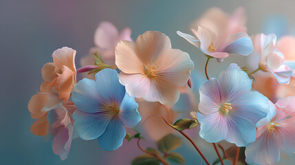 delicate flowers in soft hues of pale blue, peach, and light pink