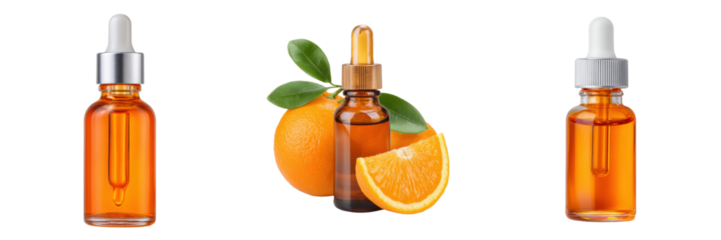 Orange Essential Oil with Dropper Bottles and Fresh Citrus Fruit Isolated on a Transparent Background