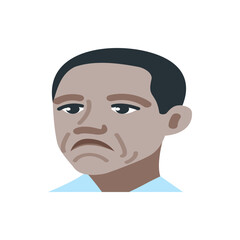 Illustration of a man with dark hair and skin, wearing a blue shirt and expressing sadness or concern
