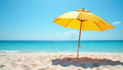 Beach tent umbrella providing shade and sun protection on sandy shore , blue, sky