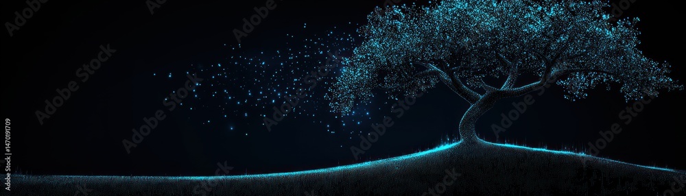 Poster a glowing tree with dispersing particles in a dark night scene