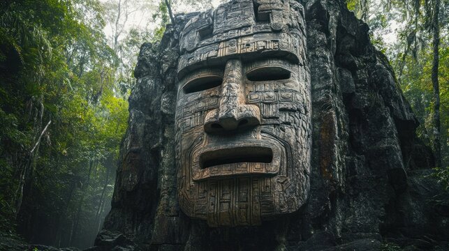 Ancient carved stone face in rainforest
