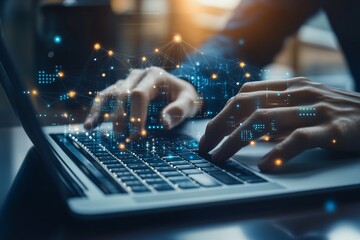 Person working on a laptop with digital elements