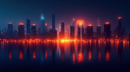 Fototapeta premium Night cityscape, vibrant lights reflecting on water