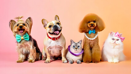 Adorable Dogs and Cats in Stylish Accessories Against a Soft Pink Background
