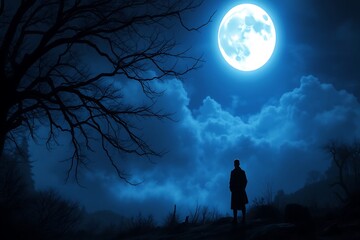 Night moon silhouette images, photos, illustration, horizontal