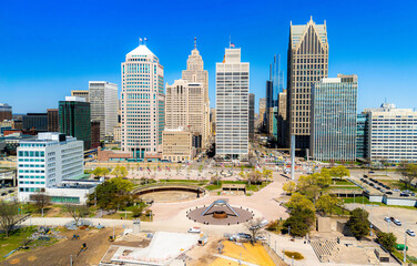 Detroit Hart Plaza Panoramic View with Skyscrapers and Monuments