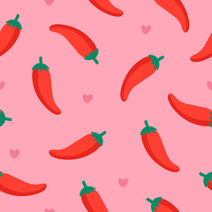 Hot Pink Chili Pepper and Hearts Seamless Pattern &ndash; Cute Valentine Food Design on Pink Background