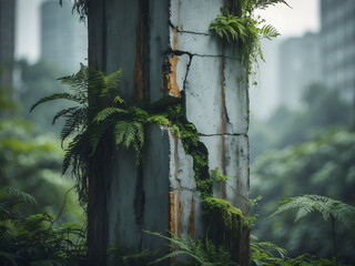 Reclaimed by Nature: A weathered concrete pillar, embraced by lush greenery, stands resilient amidst an urban backdrop. A striking depiction of nature's relentless spirit.