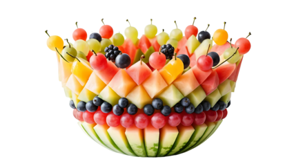 Fruit salad bowl creative arrangement watermelon cantaloupe grapes cherries blackberries summer dessert idea on transparent background