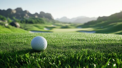 A 4K photo of golf ball on a tee, surrounded by lush greens and a distant hole. The clear sky enhances the calm, focused vibe of this peaceful golf course setting.