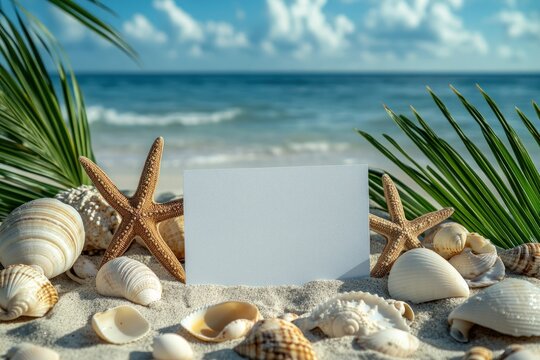 Blank card surrounded by seashells and starfish on a sandy beach