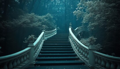 Fototapeta premium Mystical, winding staircase through a misty forest