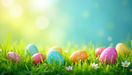 Joyful Easter egg hunt scene with colorful eggs hidden in spring grass , easter joy, happy easter, outdoor