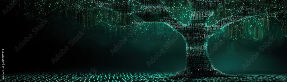 Poster A digital tree depicted with data points and illuminating green light