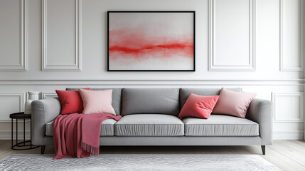 Modern living room featuring a stylish gray sofa adorned with pink cushions, a cozy throw blanket, and an abstract artwork on the wall, creating a warm and inviting atmosphere
