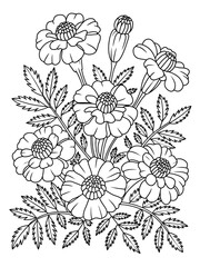 Elegant Floral Sketch: Delicate black and white illustration of a bouquet of blooming marigold flowers with intricate details, perfect for coloring or design projects.
