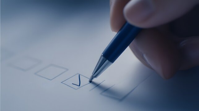 A close-up image of a hand holding a blue pen and marking a checkbox with a checkmark on a document in a precise and deliberate manner