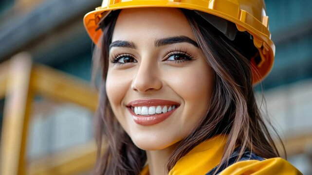 petty Indian female engineer wearing safety cap and yellow jacket smiling at industrial factory