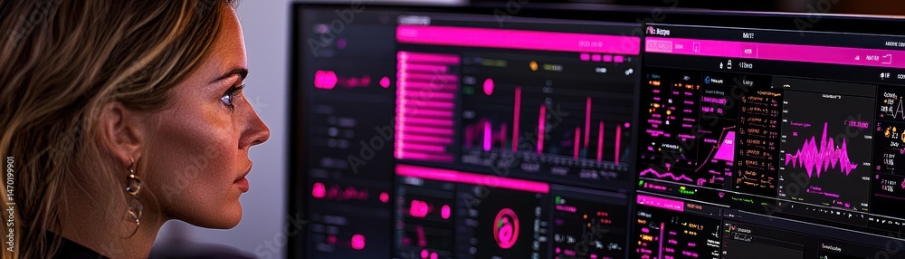 Poster Woman analyzing data displayed across multiple computer monitors carefully