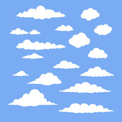 Cartoon clouds icons set. Vector flat weather clouds collection for kids app, cloudy landscape, blue sky, sky elements, flat design