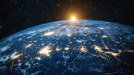 Obraz premium Photorealistic 3D visualization of Earth from space in the context of solar system, featuring cosmos