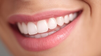 Obraz premium A close-up view of a person's mouth showcasing perfectly white teeth with a bright smile and healthy pink lips