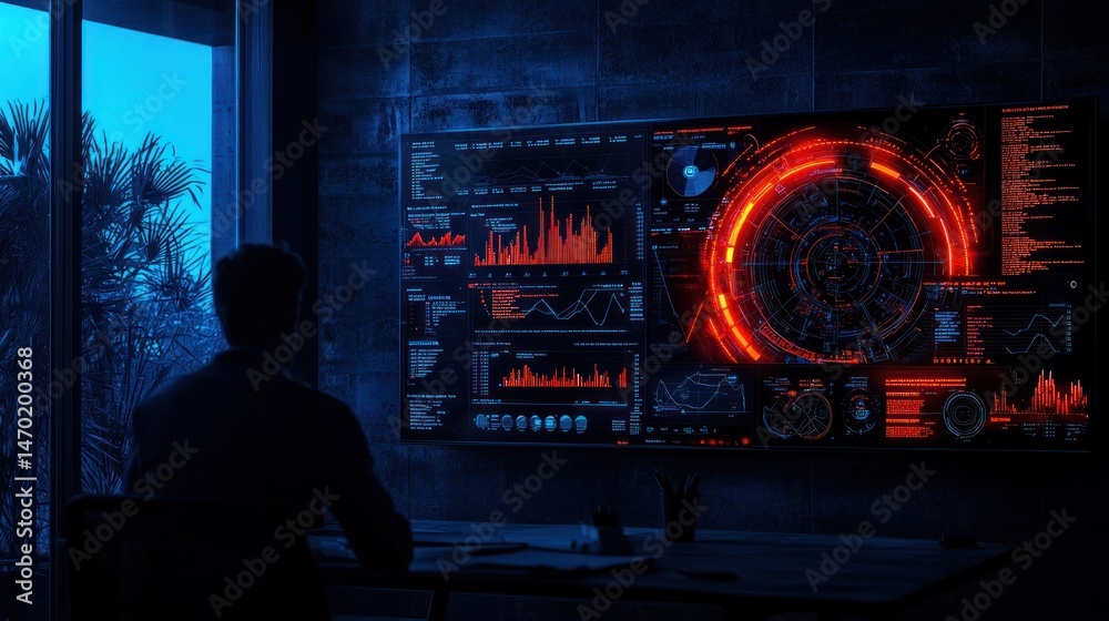 Poster a person monitors data visuals on a large screen indoors