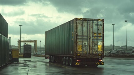 Photorealistic visualization of a green logistics hub with container transport in the context of supply chain, featuring industrial area