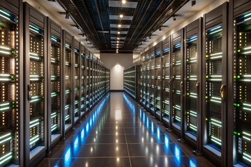 Futuristic Data Center Rows of Servers and Advanced Technology