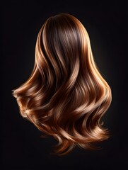 Fototapeta premium A stunning display of voluminous and lustrous brown hair with golden highlights cascading in elegant waves against a dark background