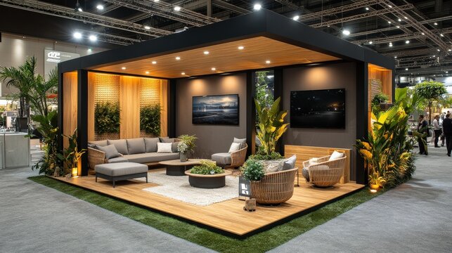 Modern exhibition booth showcasing a stylish lounge area with seating, plants, and artwork