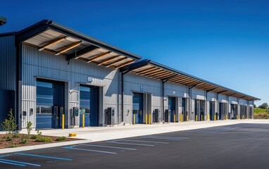 Photorealistic 3D visualization of a logistics facility using renewable energy, in the context of sustainable transportation operations, featuring electric vans and rooftop solar panels